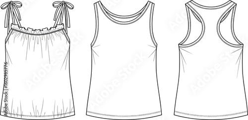 CAD drawing flat vector illustration of women tank tops, fashion technical sketch, casual sleeveless tops with ties, racerback design