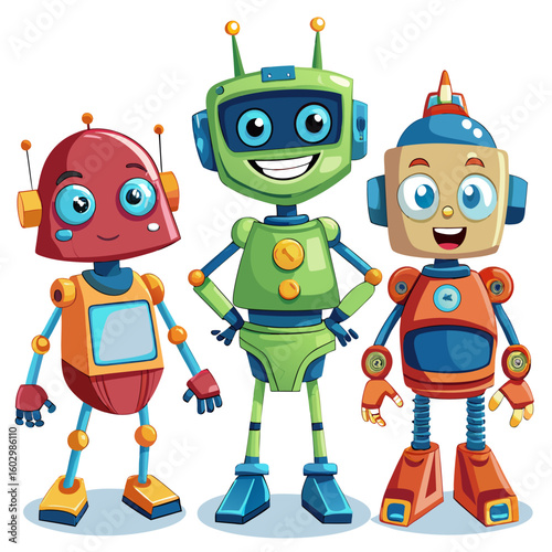 3D robot vactor set design . A collection of retro robot and monster cartoon characters, these funny vector illustrations showcase machines, toys, and the fun side of technology for children