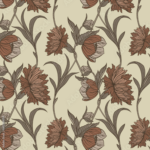 A delicate seamless pattern presenting elegant floral motifs in a warm, inviting palette of terracotta, rust, and dusty pink, beautifully set against a soft, creamy beige or pale ivory background. Thi