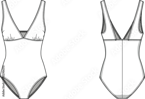 CAD drawing flat vector illustration of women’s deep V-neck swimsuit, one-piece swimwear, fashion technical sketch, front and back view