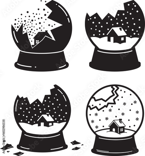 Four cracked snow globes with houses and snowflakes silhouette