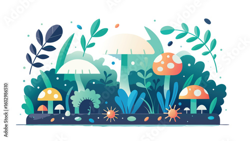 Eco-cute vector illustration of soil microfauna and fungi colony in colorful garden, blue and green palette, biodiversity and underground ecosystem concept