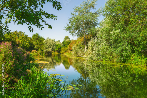 View along the beck (canal) on summer morning. Beverley, UK.