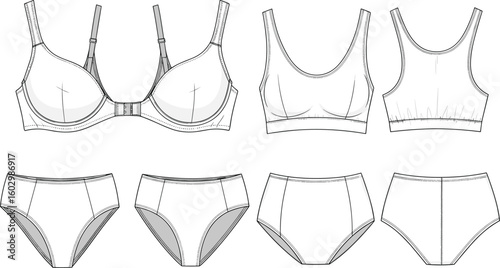 CAD drawing flat vector illustration of women’s lingerie bra, bralette, panties, technical underwear fashion design sketch, front back view