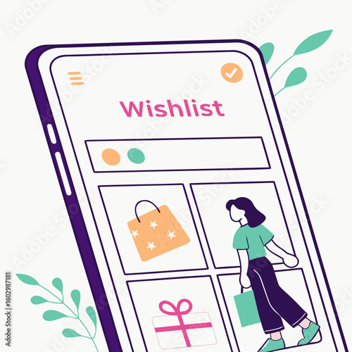 Modern flat illustration of a smartphone displaying a wishlist with shopping bags and gifts representing online shopping and e commerce