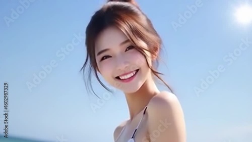Video of a cute woman in a bikini laughing in a beautiful sea, vacation, summer, having fun, 綺麗な海でビキニを着たかわいい女性が笑う動画、休暇、夏、楽しむ、