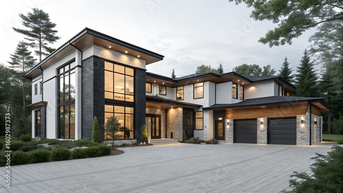 This impressive modern luxury house, with its large glass facade and stone accents, stands illuminated at dusk, showcasing contemporary architectural design.