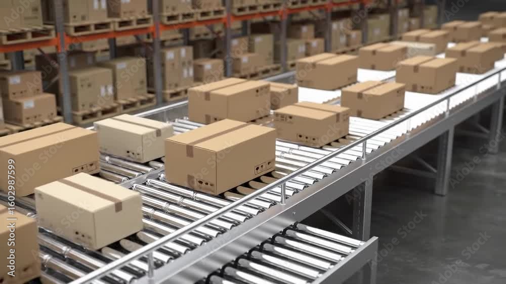 Cardboard boxes on a conveyor belt in a warehouse Cardboard boxes on a conveyor belt in a warehouse