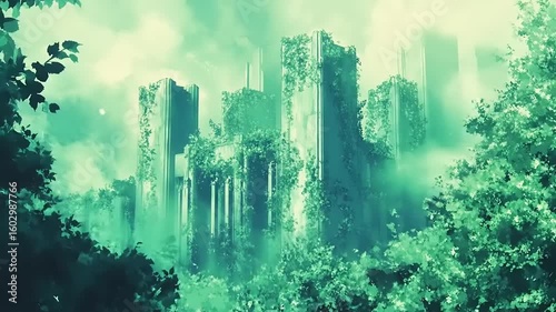 Lush nature reclaiming old architecture in a dreamy green landscape setting