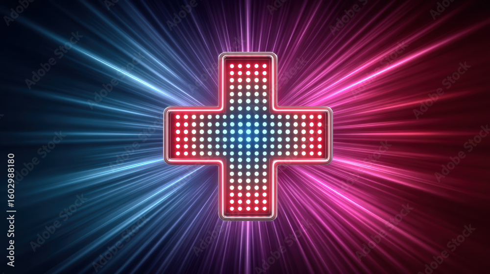 Fototapeta premium Red and blue glowing cross sign with bright light rays shining in dark background, creating vibrant and dynamic effect