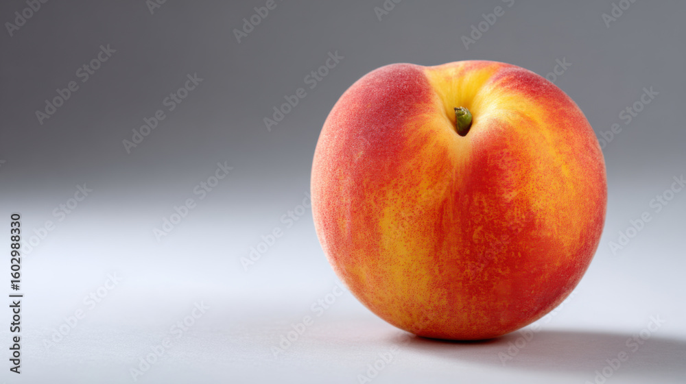 Single juicy ripe red and yellow peach fruit. fresh and healthy food ingredient isolated on simple gray background, delicious and natural snack full of sweet flavor Single juicy ripe red and yellow peach fruit. fresh and healthy food ingredient isolated on simple gray background, delicious and natural snack full of sweet flavor