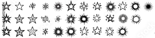 Vector icon set of hand-drawn stars, sparkles, bursts, and shining elements in black outline style. Includes five-point stars, radiant explosions, sketch-style flares, and decorative spark symbols. 