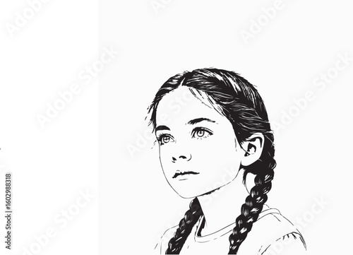 Black and White Hand-Drawn Portrait of a Young Girl with Braided Hair – Detailed Line Art Illustration