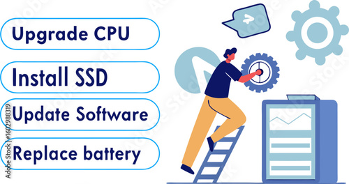 Computer maintenance and upgrade services including cpu upgrade ssd installation software updates and battery replacement with a person working on gears
