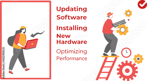 Illustration depicting it support tasks such as updating software installing new hardware and optimizing system performance with stylized figures and icons