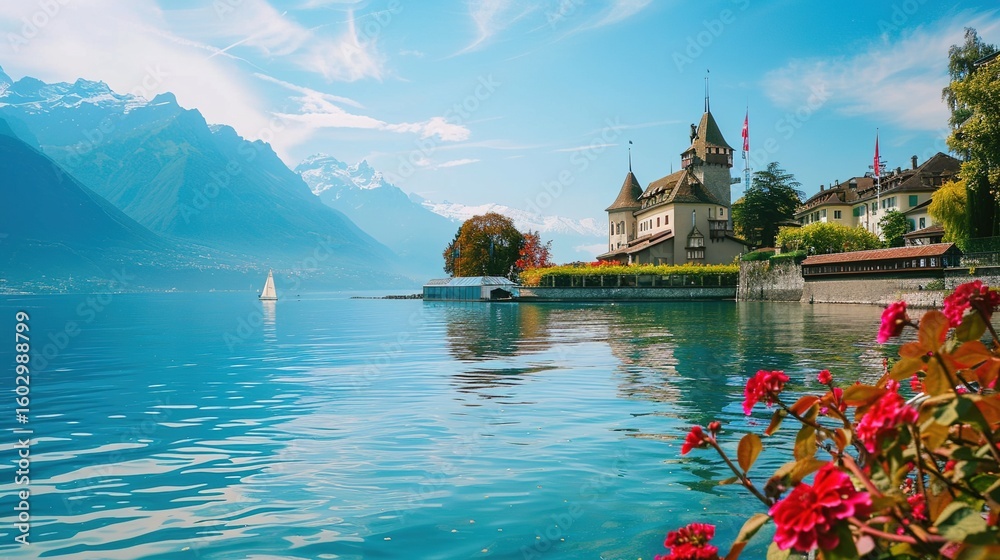 Obraz premium Lake Geneva in Switzerland: Alpine-Hugged Waters, Scenic Shores, and Cultural Heritage Along Europe's Iconic Lake