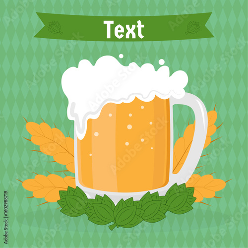 Flat vector illustration of a beer mug with foam, wheat, and hop leaves on a green diamond-pattern background with ribbon space for text. Great for Oktoberfest, pub flyers, or brewery advertising.