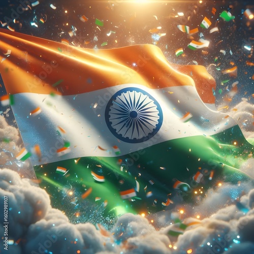 India Tricolor Flag with Futuristic Light Streaks and Sparkles.