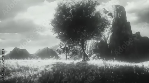 Grayscale Serenity: Nature's Majesty Unveiled in a Dramatic Landscape Composition