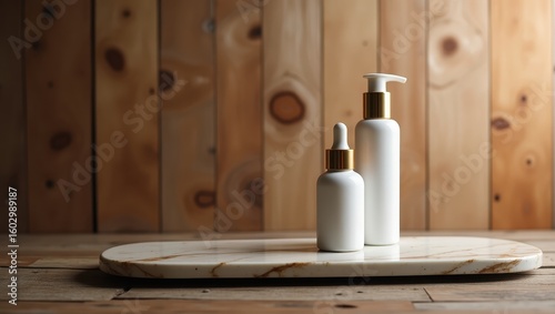 Two white cosmetic bottles on a marble tray.