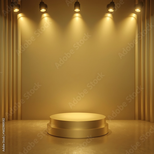 The stage podium features an empty background, a luxurious gold background with shiny glow lights.