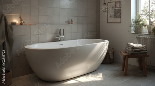 A modern, minimalist bathroom with an oval bathtub.