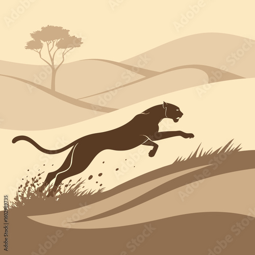 Running Cheetah Silhouette in Full Sprint – Dynamic Desert Motion Scene