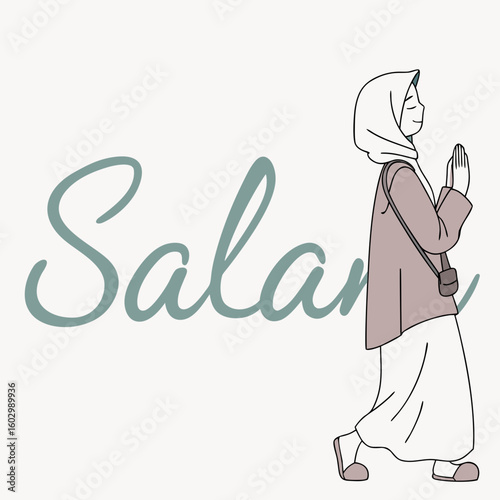 Illustration of a muslim woman in hijab praying with the word salaam written in cursive next to her