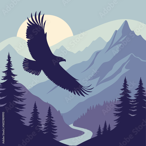 Flying Eagle Silhouette at Dawn – Wide Wings Over Mountain Range Scene
