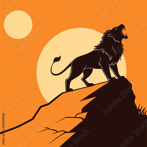 Majestic Lion Silhouette Roaring on Cliff at Sunset – Minimal High Contrast Wildlife Art