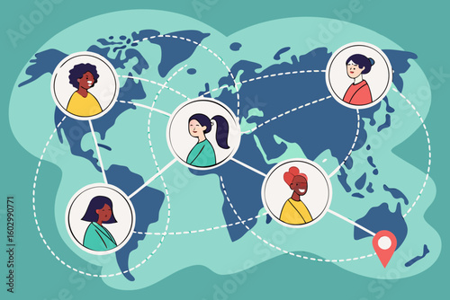Diverse group connected across world map via dotted lines representing global network communication and travel