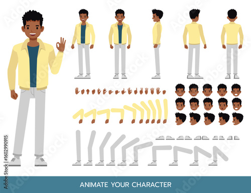 Man wearing cream jacket character constructor. Flat design vector kit with poses and emotions for animation and explainer videos.