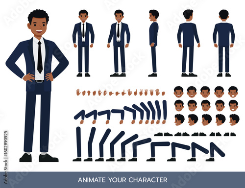 Businessman in blue suit character constructor. Flat design vector kit with poses and emotions for animation and explainer videos.