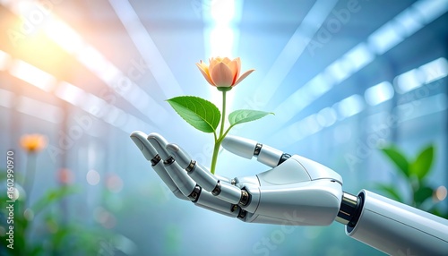Robotic hand gently holding a blossoming flower in a futuristic greenhouse, conveying AI's role in nature.