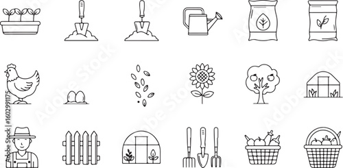 Collection of hand drawn sketchy icons of rural and country life isolated on transparent background