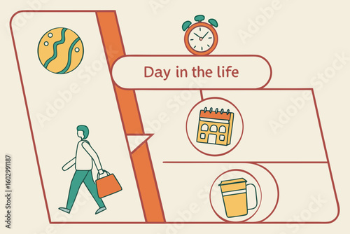 Illustration showing a day in the life with a person, calendar, clock, drink and a planet in a diagram