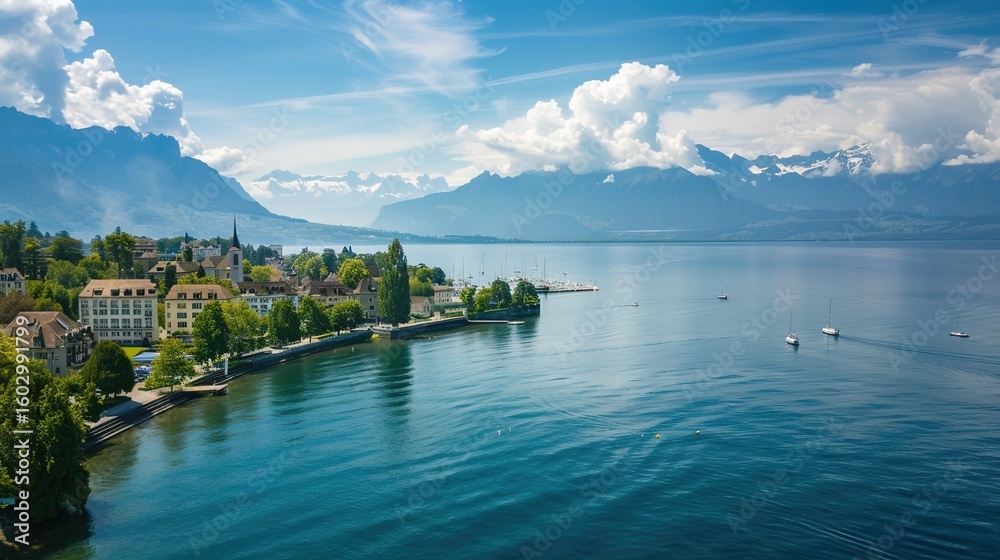 Obraz premium Lake Geneva in Switzerland: Alpine-Hugged Waters, Scenic Shores, and Cultural Heritage Along Europe's Iconic Lake