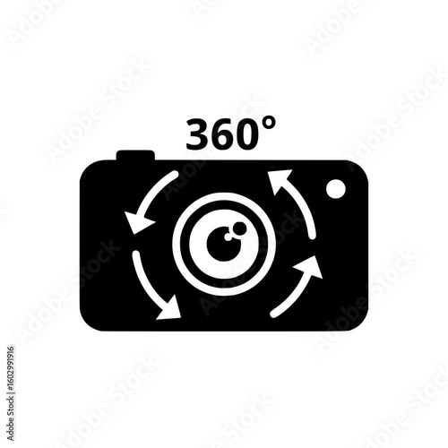 Black 360 degree camera icon with circular arrows indicating full panoramic view a vector graphic for web design and mobile applications