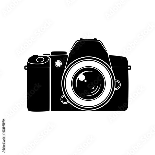 Black and white DSLR camera icon with a large lens isolated on white background suitable for photography websites and applications