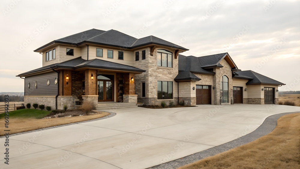 Fototapeta premium A grand modern luxury house with a beautiful stone and stucco exterior stands proudly, featuring a long driveway in a vast open landscape.