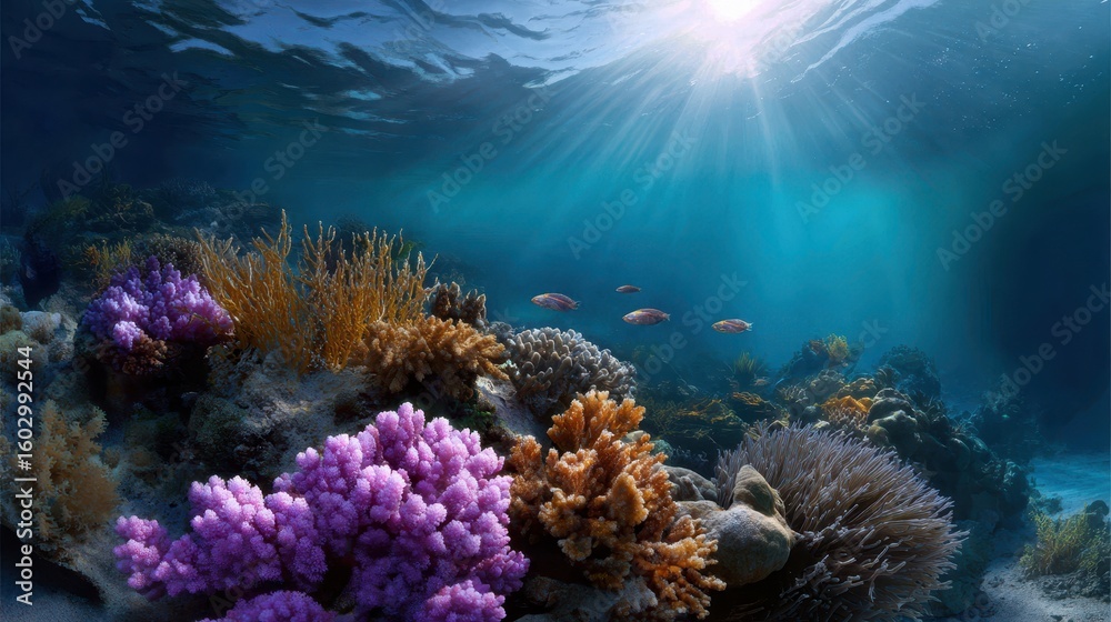 Fototapeta premium Ocean restoration concepts, Vibrant coral reef teeming with fish, illuminated by sunlight filtering through clear ocean water.
