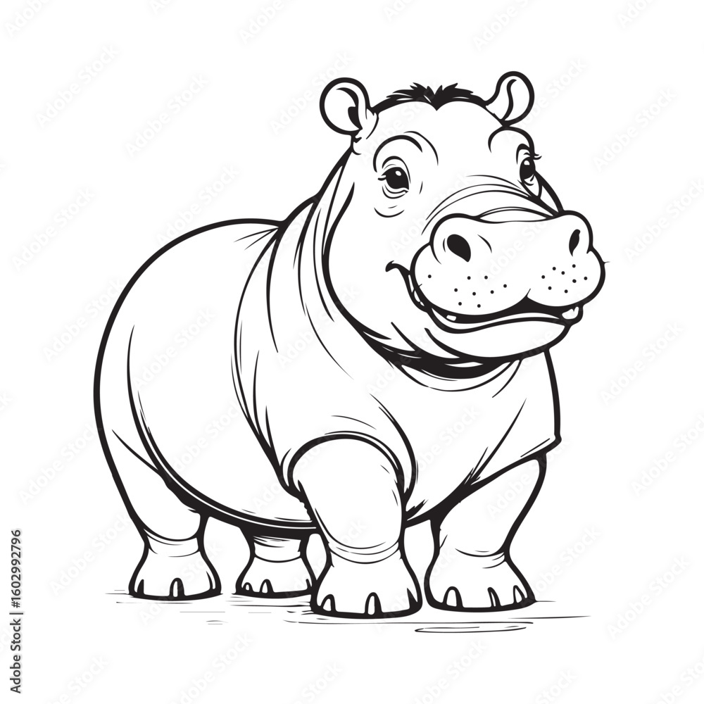 Obraz premium Cheerful Hippo Illustration in Black and White.