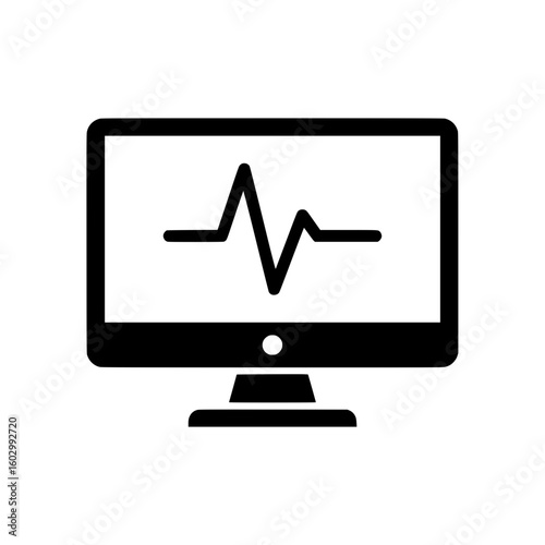 Computer monitor displaying a heart rate monitor icon black and white vector graphic isolated on white background suitable for medical apps and websites