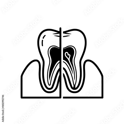 Cross-section tooth anatomy icon showing internal structure gum root canal nerve pulp