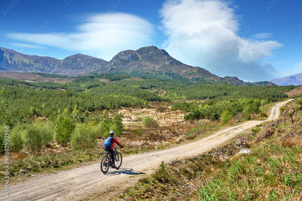 Fototapeta premium nice senior woman riding her electric mountain bike in the highlands of Glen Affric Nature reserve, Scotland, UK