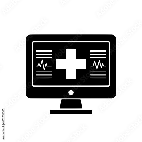 Medical monitor icon displaying a central cross symbol alongside heart rate readings on a black screen, a simple vector graphic for healthcare applications