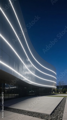 Modern Building with Curved Glass Facade and LED Lighting at Night