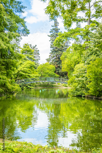 Iron footbridge and body of water of the Jardin Public, the public garden of Bordeaux, France