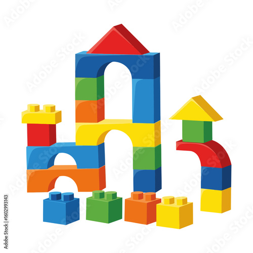 A colorful array of toy building blocks stacked to create a castle and other structures on white background