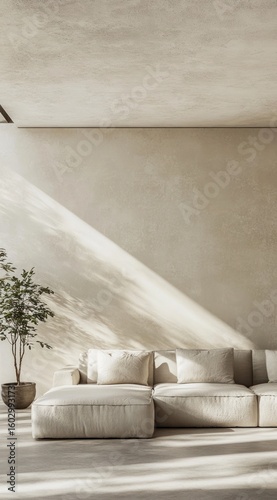 Minimalist beige living room with sunlight